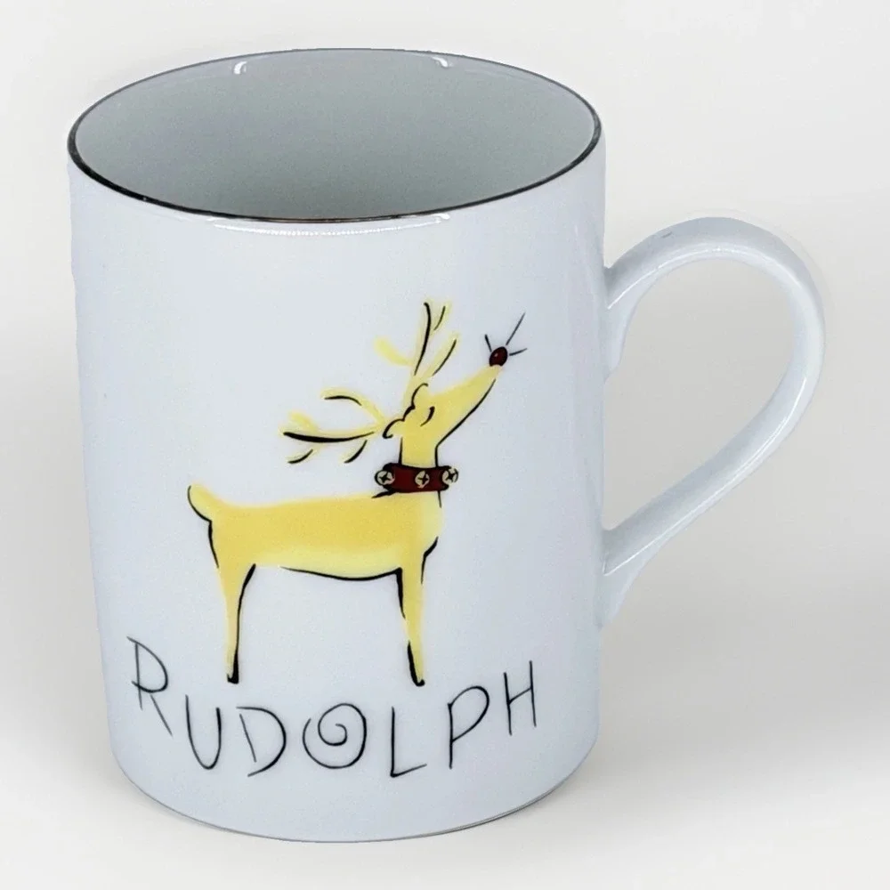 Pottery Barn Rudolph‎ Reindeer Christmas Mug White Silver Rim Japan 4
